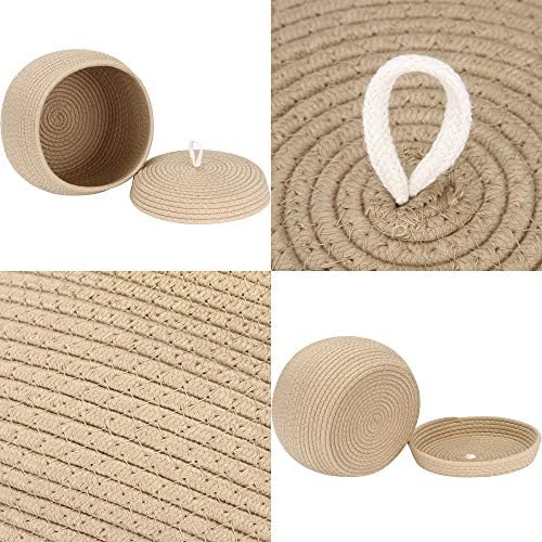 Sea Team Round Woven Cotton Rope Storage Basket with Lid, Khaki | Lidded Knitted Decorative Storage Bin, Pot, Caddy, Organizer, Container for Snacks, Towels, Plants, 10 x 7.5 Inches