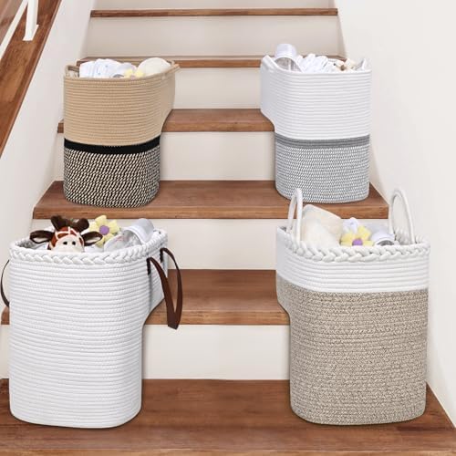 Woven Stair Basket, Stair Baskets for Wooden Stairs, Carpeted Stairs Storage Basket with Handles, Staircase Baskets for Toys, Books, Gray, 15” L x 10” W x 15” H