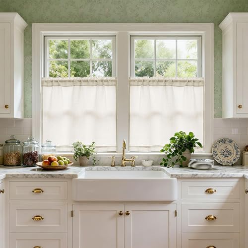 24 Inch Laundry Room Basement Window Curtains 2 Panels Natural Linen | Rod Pocket, Semi Sheer Light Filtering Drapes, for Farmhouse, Cafe Bathroom, Short Curtains, 24 Inches Long, W34xL24