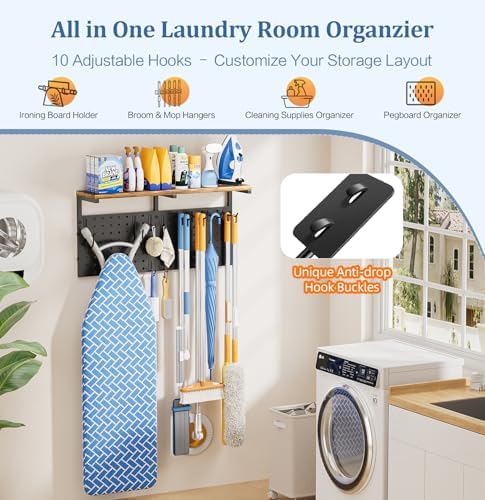 Ironing Board Hanger Wall Mount, Large Storage Iron and Ironing Board Holder, Laundry Room Storage Shelves with Ironing Board Broom Mop Holder, Laundry Accessories Organization and Storage Organizer