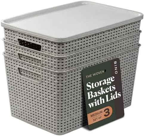 BINO | Plastic Storage Baskets with Lids, 22 Liter - 3 Pack, Natural Grey | THE WOVEN COLLECTION | Storage Basket for Shelves | Woven Storage Baskets for Organizing Bins | Pantry Shelf Organizer Bin