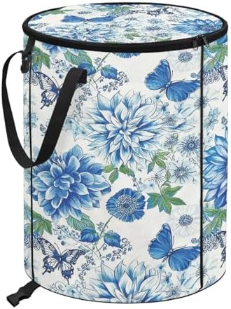 doginthehole Blue Floral Butterfly Collapsible Trash Can with Lid 20 Gallons Outdoor Waste Basket Bin Waterproof Garbage Cans Recycling Trash Can for Camping Beach Travel Yard Home Decorations