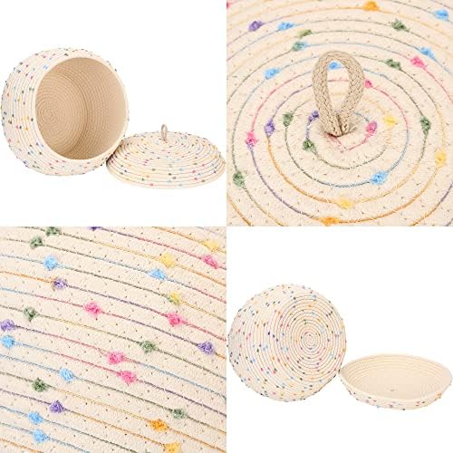Sea Team Round Woven Cotton Rope Storage Basket with Lid, Rainbow | Decorative Colorful Pompom Knitted Storage Bin, Pot, Caddy, Organizer, Container for Snacks, Towels, Plants, 13 x 9 Inches