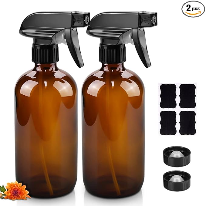 Glass Spray Bottles - 2 Pack 16 oz Refillable Clear Spray Bottles for Hair | Amber Glass, Adjustable Nozzle, Refillable Container, Leak-proof, Spray Bottles for Hair, Cleaning Solutions, Plants, 2 Pack