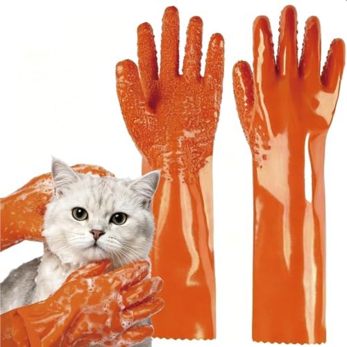 YOFANG 17.7" L Pet Grooming Bathing Gloves for Dogs & Cats | Anti-Bite & Anti-Scratch Pet Hair Removal Gloves with Soft 3500+ Particles, Waterproof Rubber Washing Gloves,Orange/Green