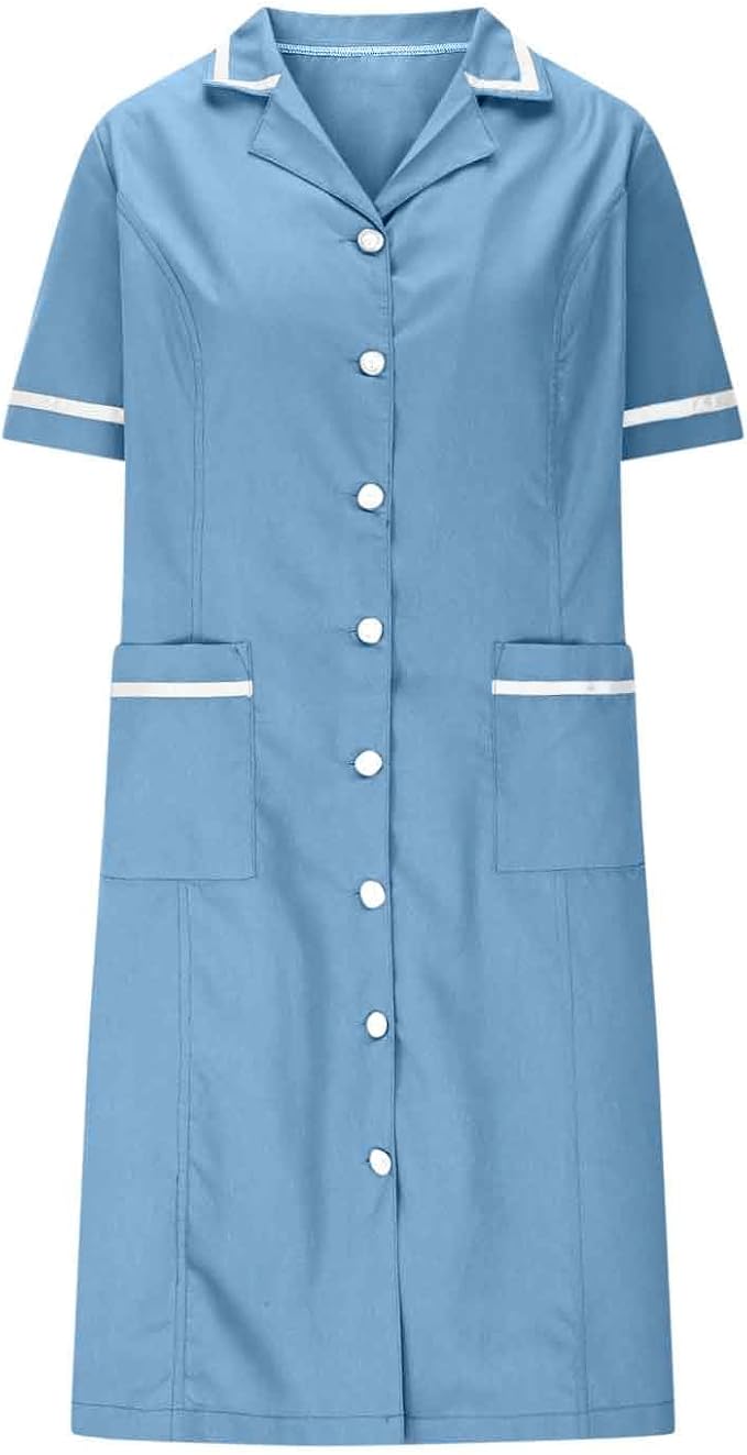 Women's Short Sleeve Work Dress Lapel Button Front Nursing Workwear Casual Housekeeping Scrubs Dress with Pockets