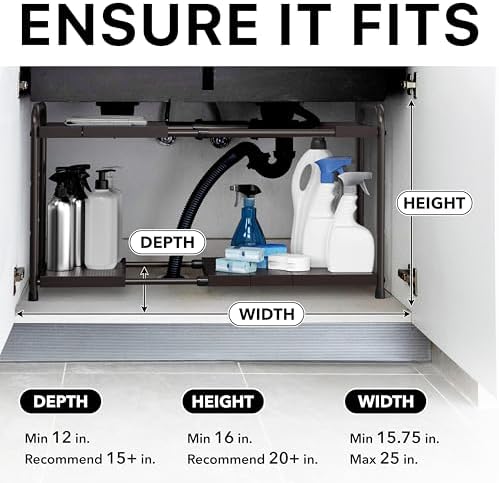 Simple Houseware Under Sink 2-Tier Heavy Duty Expandable Organizer, Bronze | Adjustable Width 15.75–25 Inches with 4 Shelf Height Levels