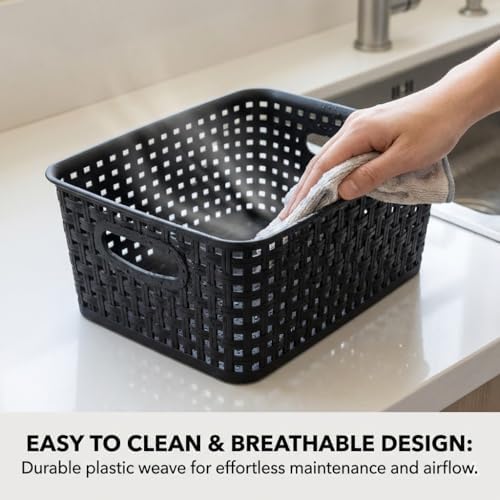 8 Pack Black Storage Baskets, Plastic Woven Organizer Baskets, Stackable Shelf Baskets for Closet, Pantry, Bathroom & Laundry Room