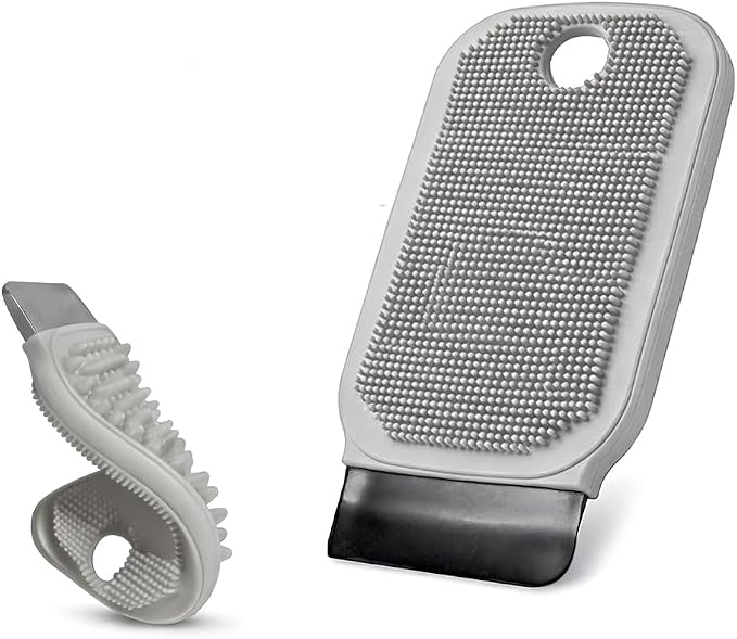 3-in-1 Silicone Dish Scrubber with Scraper&Vegetable,Fruit Brush-Grey 1PCS | silicone dish scrubber and vegetable&fruit brush with built-in scraper. Food-grade, fast-drying, and scratch-free