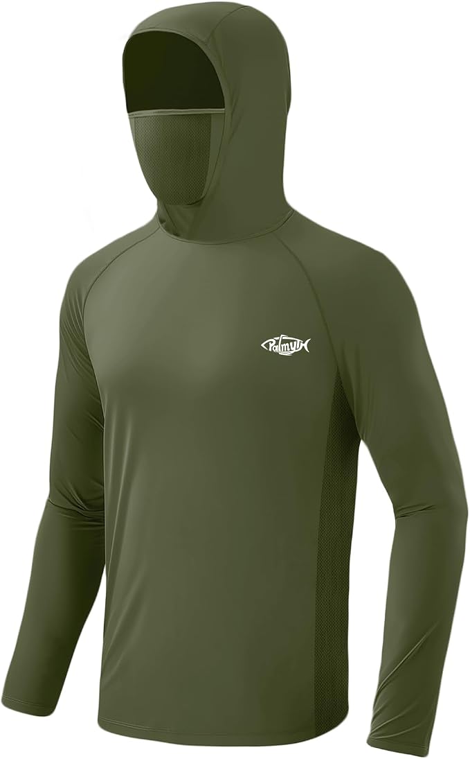 Palmyth Men's Fishing Hoodie UPF 50+ Long Sleeve with Face Mask Neck Gaiter | Zipper Pocket, Thumb Loops, Quick-Dry, Side Mesh Panels, Lens Cleaning Cloth