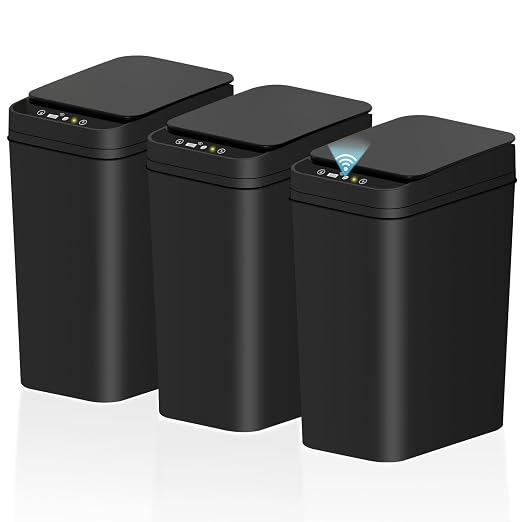 Bathroom Small Trash Can with Lid, Automatic Garbage Can, 2.6 Gallon | 3 Pack Touchless Slim Waterproof Motion Sensor Smart Trash Bin for Bedroom, Office, Living Room-Black