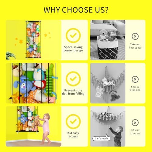 Stuffed Animal Storage Shelf Organizer(Patented) - Corner Stuffed Animal Holder Length Adjustable - Wall Plush Storage for Nursery Playroom Bedroom Kids Room (Space Black, Standard)