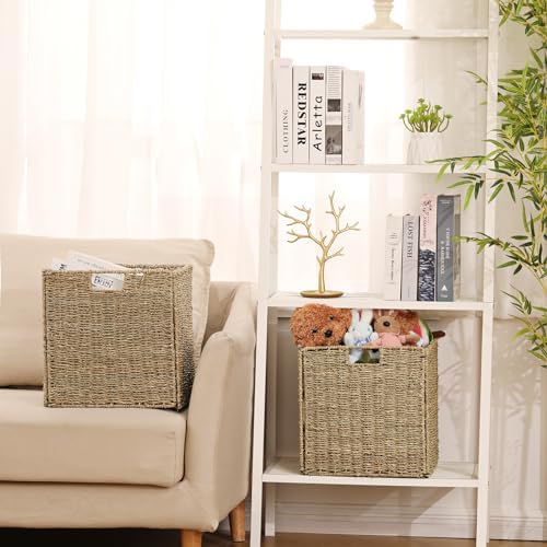 Vagusicc Wicker Storage Basket, Set of 2 Seagrass Storage Baskets, 13 Inch Foldable Wicker Basket Square Cube Storage Bins Storage Baskets for Organizing Shelf Baskets, 13''x13''x13''
