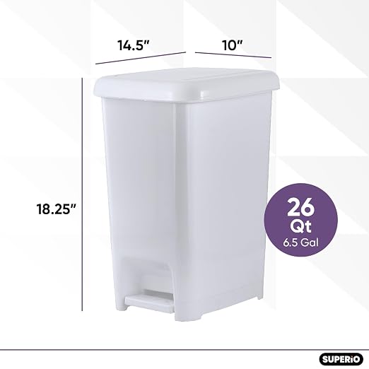 Superio Slim Step On Pedal Plastic Trash Can, Waste Bin for Under Desk, Office, Bedroom, Bathroom, Kitchen (6.5 gal) (White Smoke)