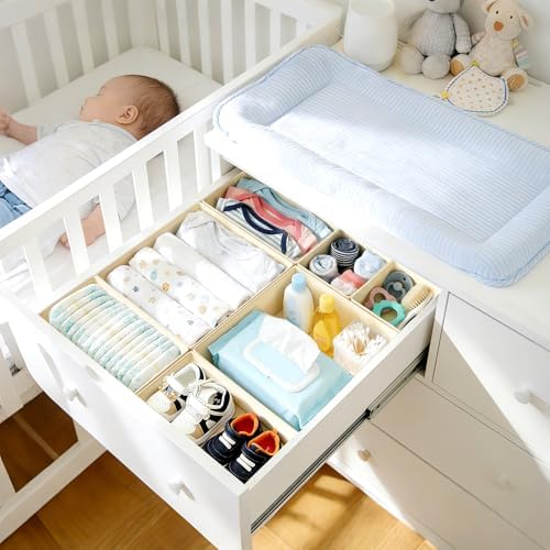 DIMJ Drawer Organizer Clothes, 26 Pack Dresser Organizer, Foldable Closet Organizers and Storage, Fabric Dresser Bins, Drawer Dividers for Nursery, Baby Clothes, Underwears, Sock (Beige)