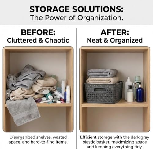 8 Pack Gray Storage Baskets, Plastic Woven Organizer Baskets, Stackable Shelf Baskets for Closet, Pantry, Bathroom & Laundry Room