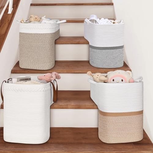 Woven Stair Basket, Stair Baskets for Wooden Stairs, Carpeted Stairs Storage Basket with Handles, Staircase Baskets for Toys, Books, Yellow, 15” L x 10” W x 15” H