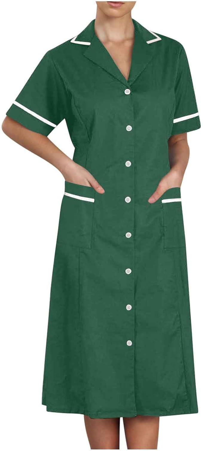 Women's Short Sleeve Work Dress Lapel Button Front Nursing Workwear Casual Housekeeping Scrubs Dress with Pockets