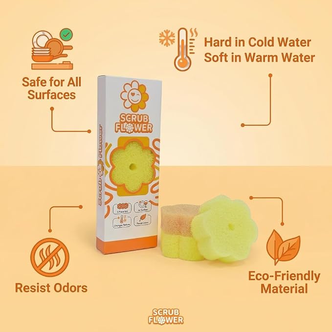 Scrub Flower Temperature Sensitive Sponges, Golden Sunflower | Firm when cold and soft when warm, these odor-resistant scrubbers clean dishes, kitchen surfaces and more.