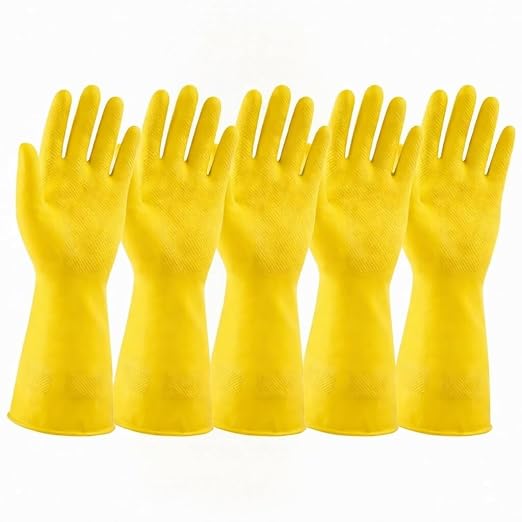 LADWA 5 Pairs Non-Slip Household Cleaning Reusable Dishwashing Gloves for Kitchen Washing Dishes Bathroom Gardening & Home Tasks Flexible Long-lasting Waterproof Gloves Perfect for Woman Men (Yellow)