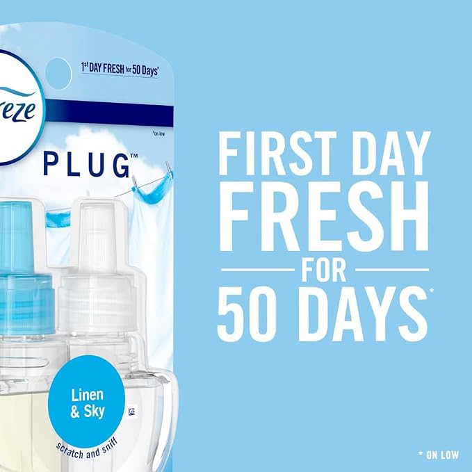 Febreze Plug In Air Freshener, Odor-Fighting Scented Oil Refill, Downy Calm Scent, 3 Refills