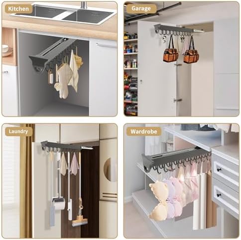 Pull-Out Mop and Broom Holder Slide Broom Closet Organizer Sliding Garage Storage Rack with 20 Adjustable Hooks, 22 in Wall Mount Sliding Organizer Rack for Closet, Kitchen, Laundry