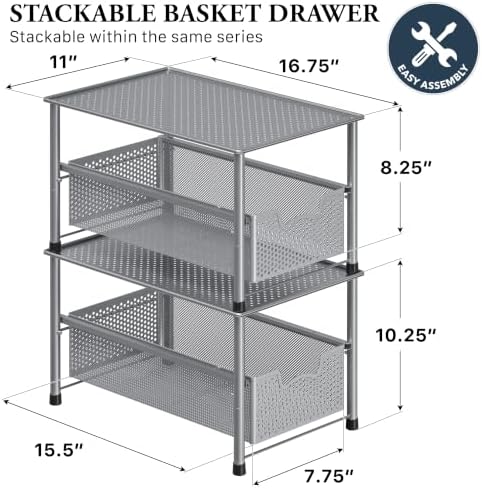Simple Houseware Stackable Under Sink Sliding Basket Drawer, Silver | Perforated Free Standing Organizer, Kitchen/Pantry/Cabinet/Counter