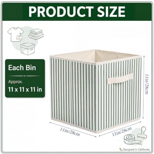 Amyhill 6 Pack Green Striped Basics Collapsible Fabric Storage Bins | with Handles, Foldable Storage Cubes, 11 Inch, Closet Decorative Organizer, Baskets for Shelves Units, Home, Dorm