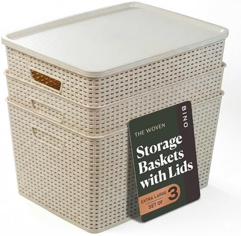 BINO | Plastic Storage Baskets with Lids, 33 Liter - 3 Pack, Natural | THE WOVEN COLLECTION | Storage Basket for Shelves | Woven Storage Baskets for Organizing Bins | Pantry Shelf Organizer Bin