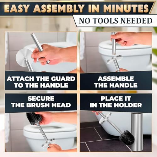 Silver Toilet Brush and Holder Set, Freestanding, Splash Protection | Toilet Brush with Holder Set for Bathroom, Splash Protection & Dense Bristles, Corrosion-Resistant, Removable Inner Bowl