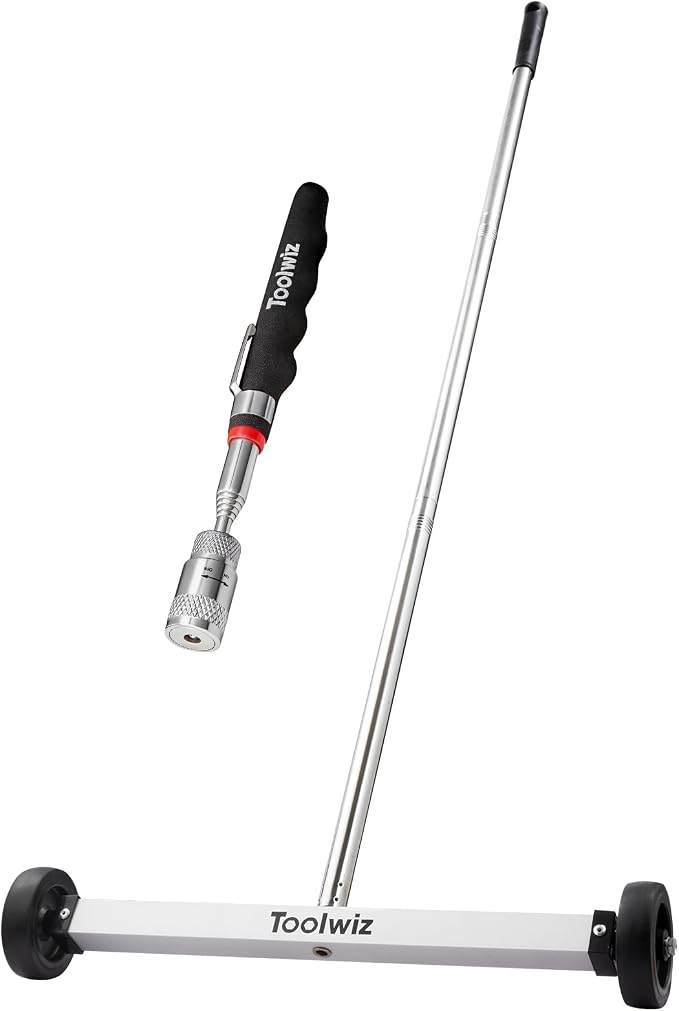 Toolwiz 17" Rolling Magnetic Sweeper with LED Telescopic Pick Up Tool | 10lbs Capacity Sweeper, 8lbs Telescopic Magnetic Pick Up Tool with LED Light, Lightweight with Wheels