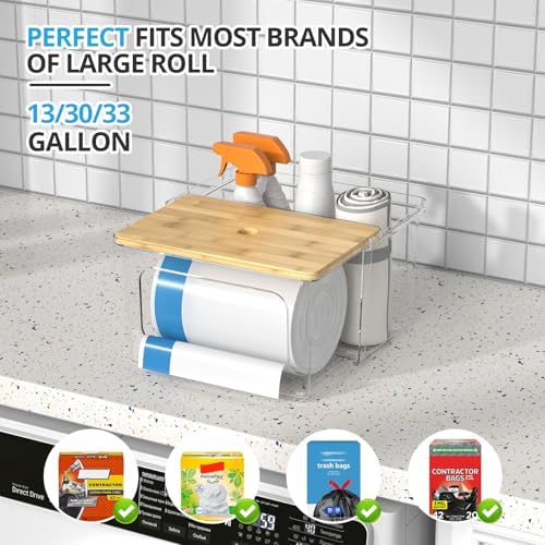 Trash Bag Dispenser Roll Holder - Clear Garbage Bag Holder Dispenser with Bamboo Lid and Sliding Drawer Box, Trash Bag Holder for Kitchen, Under Sink, Laundry Room Organization and Storage