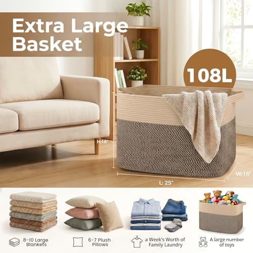 OIASKET 108L Cotton Rope Storage Basket for Living Room and Bedroom 25"x16"x16" Woven Laundry Basket, Heavy Duty Bin for Blankets, Pillows & Toys, Pet-Safe & Scratch-Free, Brown and Black