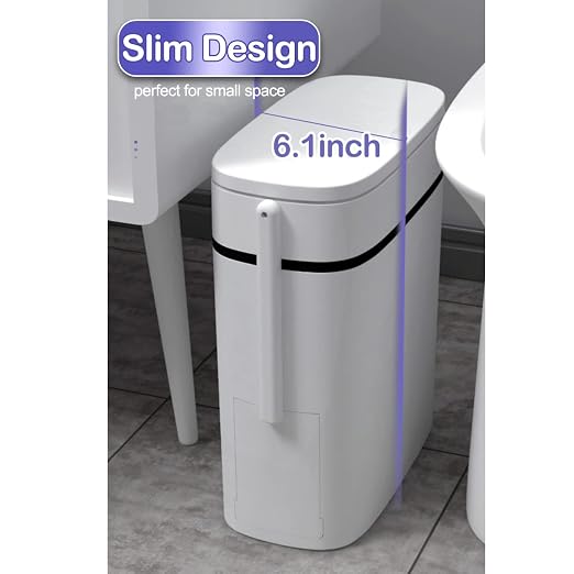 Bathroom Trash Can with Lid, 14 Liter/ 3.7 Gallon Bathroom Trash Can and Toilet Brush Set for Restroom, Bedroom, Living Room, Office, White Lid