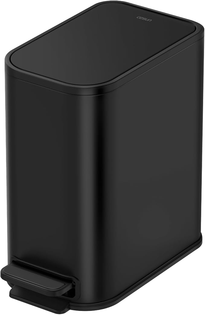 Cesun Small Black Bathroom Trash Can with Lid Soft Close & Pedal, 1.3 Gal | Removable Inner Bucket, Slim Stainless Steel Garbage Can for Bedroom/Office, Included 5 Trash Bags, Hidden Bag, Built to Last