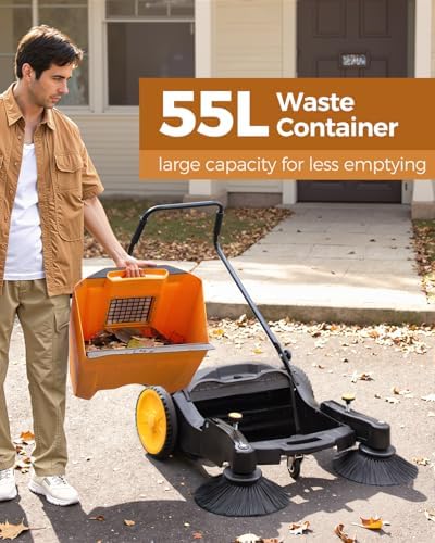 Walk-Behind Manual Industrial Floor Sweeper, 41" Sweeping Width | Non-Electric Hand Push Sweeper, 14.5-Gallon Waste Container, Versatile, Low Noise, 45000 SqFt/Hr, for Factory Warehouse