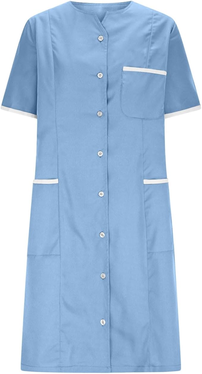 Scrubs Dress for Women - Button Front Nursing Workwear - Casual Housekeeping Dresses with Pockets