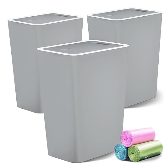 Lysam 4 Gallon Trash Can 3 Packs, Bedroom Trash Can with Lid & Trash Bags | Small Garbage Can Press-Top for Dog & Child Proof, Oder Seal, Waste Basket for Bedroom, Office, Living Room, Bathroom, Grey