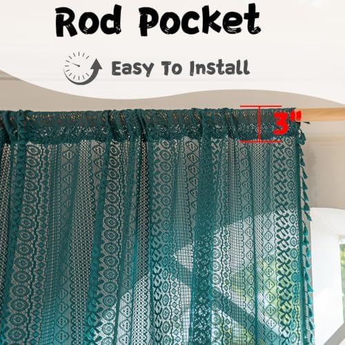 Sutuo Home Turquoise Boho Curtains 90 inches Long for Bedroom Living Room Dining Room, Crochet Lace Sheer Bohemian Hollow with Tassels, Country Window Treatment Drapes, 1 Panel 59" W x 90" L