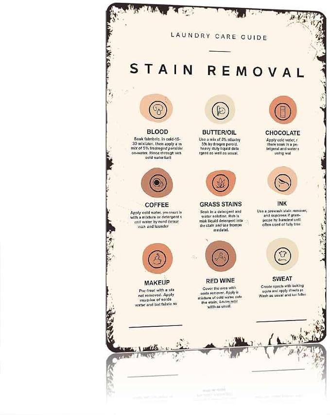 Vintage Retro Stain Removal Laundry Care Guide Aluminum 8x12 Inch, Funny Wall Art for Farmhouse Laundry Room Bathroom Kitchen Man Cave Garage Wall Decor