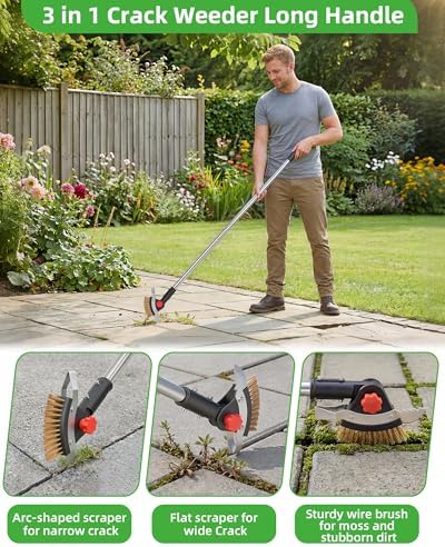 3-in-1 Crack Weeder Long Handle, Adjustable Crevice Weeding Tool with Stainless Steel Weed Brush and 2 Scrapers Weed Puller Tool for Driveway, Sidewalk, Lawn to Remove Weeds Moss Dirt (58.6")