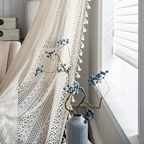 Sutuo Home Boho Curtains Crochet Lace Semi-Sheer Bohemian Hollow Knitted Handmade Tassels, Rod Pocket Window Treatment Vintage Rustic Farmhouse Drapes for Living Bedroom, 1 Panel 59" W x 72" L, Beige