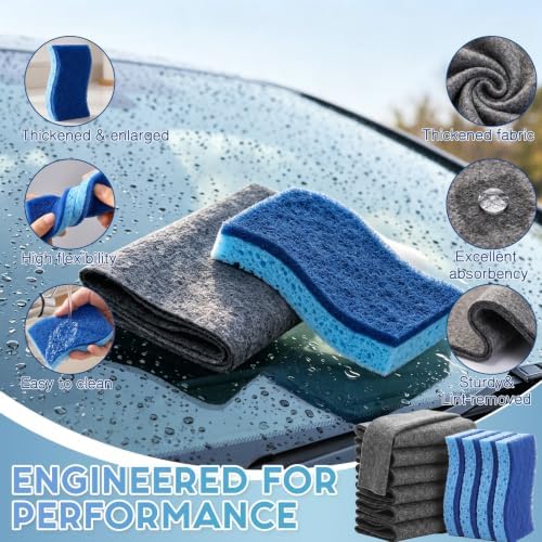 Sawysine 6 Pack Microfiber Cloths with 4 Sponges, Wood Pulp, Gray & Blue | Thickened 11.8x15.7 Inch Towels, Lint Free Streak Free, Heavy Duty for Kitchen Glass Car, Reusable Absorbent