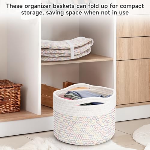 3 Pack Small Rope Storage Baskets, 9.82×9.82×7.1", Rainbow | Cotton Basket for Gifts Empty, Cute Round Woven Basket, Decorative Shelf Basket Organizer, Organizing Basket for Shelves