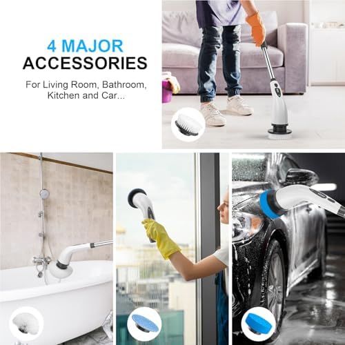 Electric Spin Scrubber, Cordless Shower Cleaner Brush with Adjustable Extension, 4 Replaceable Cleaning Heads, Power Shower Scrubber for Bathroom, Tub, Tile, Floor
