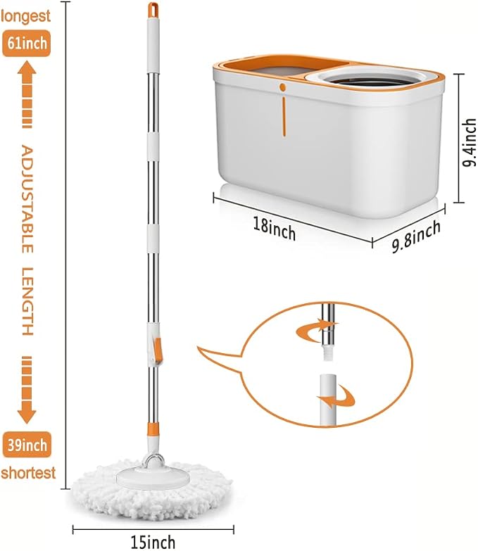 Spin Mop 61in Long Handle 5 Refills Large Floor Mop and Bucket Set System | Spin Mop and Bucket System Spin Mop and Bucket