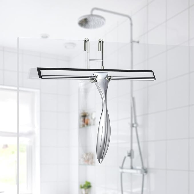 Shower Squeegee Set, 10-Inch Stainless Steel Squeegee for Bathroom, Shower Doors, Mirrors, Tiles, and Car Windows - 100% Streak Free, Includes Shower Door Hook, Adhesive Hook and Spare Silicone Blade