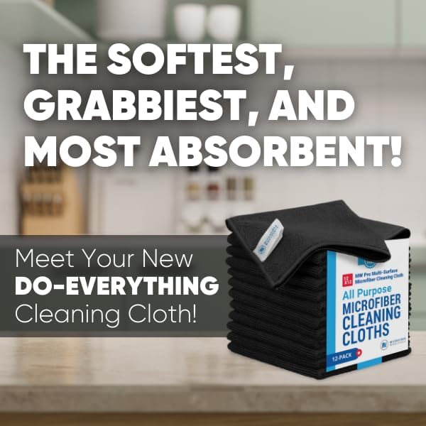 Microfiber Towels and Genie Sheets Concentrate All-Purpose Cleaner & Spray Bottle | Premium Multi-Surface All Purpose Cleaning Cloths | Deep Clean, Polish, Dust | Black 12pk
