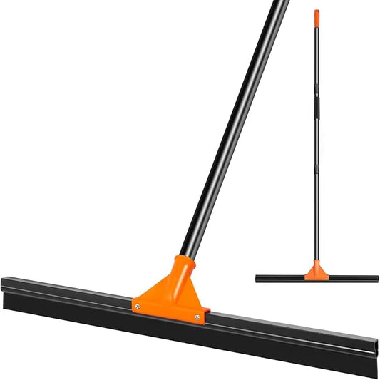 BUVE 24" Heavy Duty Large Floor Squeegee for Concrete Tile Cleaning | Double-layer Rubber Wiper Broom for Water Removal|60" Long Metal Handle for Garage Deck Bathroom Pool Glass Commercial|Orange