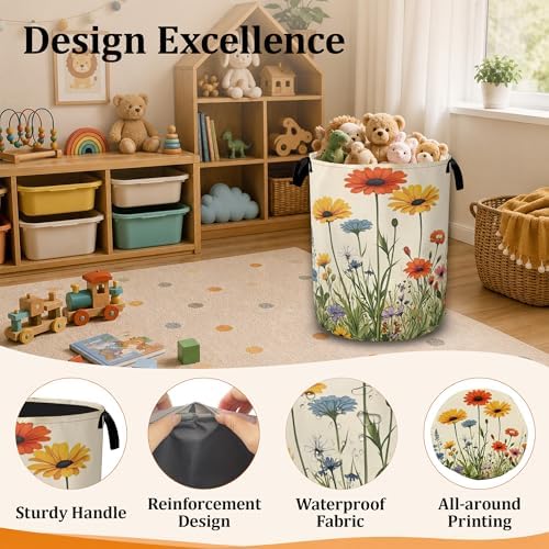 Daisy Wildflowers Large Laundry Basket, Foldable Laundry Hamper with Waterproof Coating and Reinforced Handles, Clothes Storage Bin for Dorm Bedroom